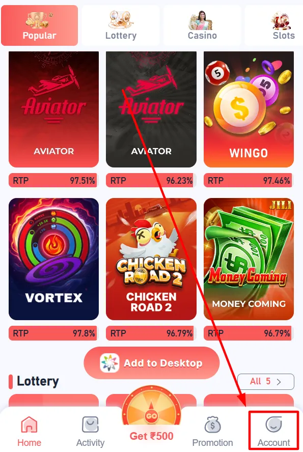 App interface with Account tab highlighted